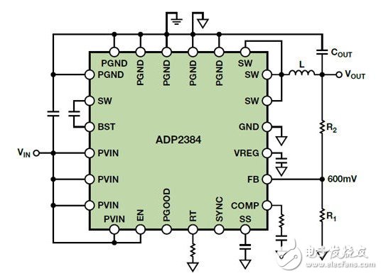 圖4. 連接用于調節輸出電壓的ADP2384