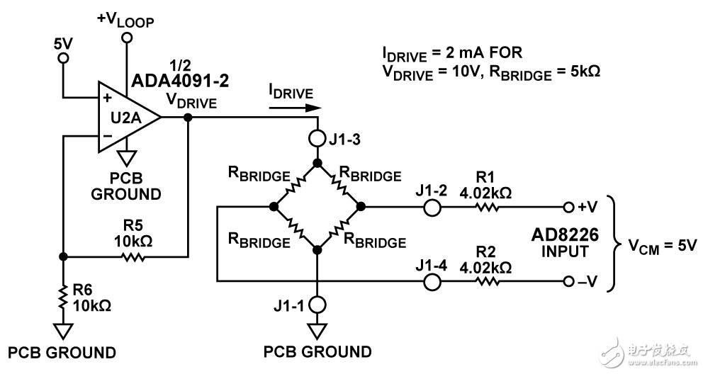 圖2. 傳感器電壓驅動配置（RBRIDGE=5kΩ、VDRIVE=10V