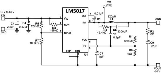 10V~60V 輸入至 -10V 輸出、300mA 反相升降壓應(yīng)用電路