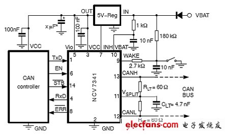 圖2：采用NCV7341的5V CAN控制器應(yīng)用電路圖。（電子系統(tǒng)設(shè)計）