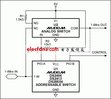 圖7. DS2409部分替代電路，U1可以選用DS2406、DS2413或DS28E04
