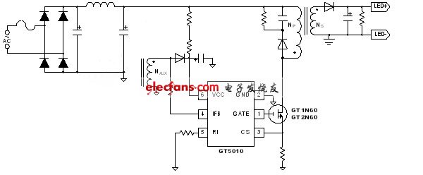 圖一、聚辰GT5010 LED線路示意圖。(電子系統(tǒng)設(shè)計)