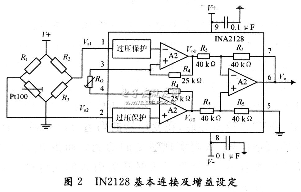 INA2128與PT100構成的前置放大電路