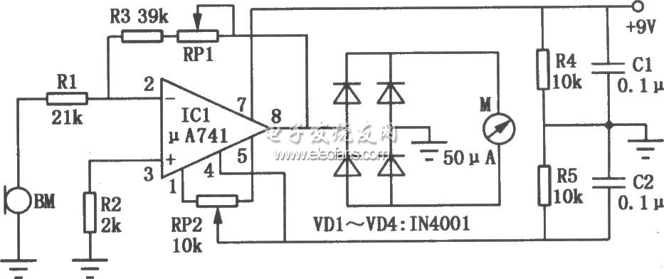 基于μA741的環(huán)境噪聲監(jiān)測(cè)儀電路圖