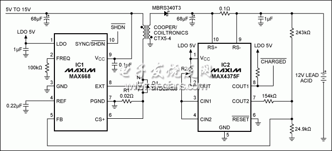 圖1。 這鉛酸電池充電器,適用于高電壓(15V),直到電池充電,然后適用于13.4V保持一個小的涓流充電。