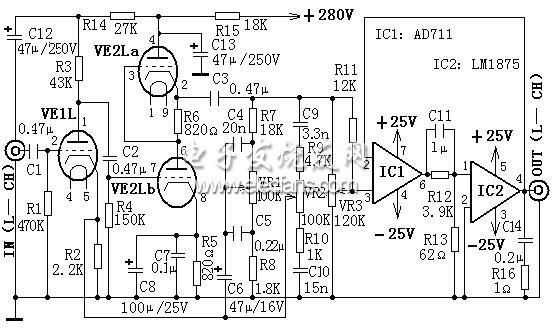 具有音調控制功能的25W 混合式Hi-Fi 放大器電路圖
