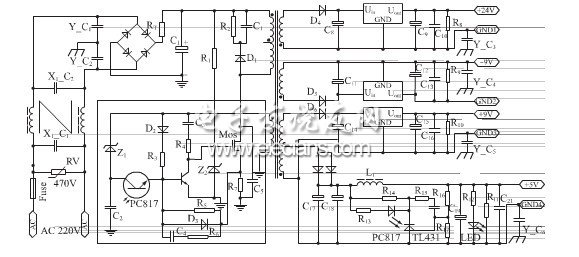自激式多路輸出穩壓開關電源原理圖