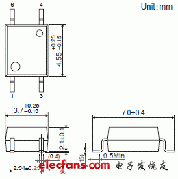 加強絕緣類輕薄通用晶體管耦合器輪廓說明圖: TLP184, TLP185.