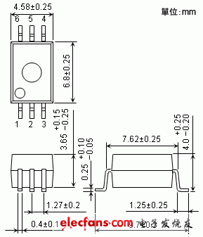 IGBT/MOSFET柵極驅動器耦合器輪廓說明圖: TLP701A.