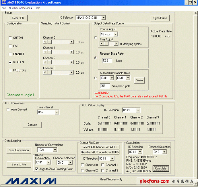 圖4. MAX11040EVKIT GUI允許用戶方便地設置各種測量條件:12.8ksps、256采樣點/周期和1024次轉換。此外,GUI的計算部分提供了一個進行快速工程運算的便捷工具。
