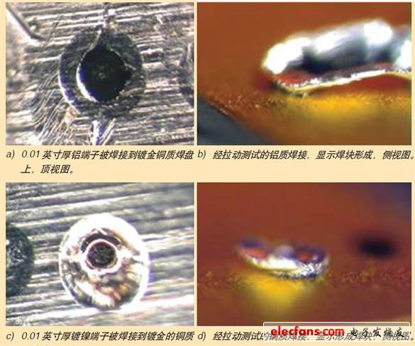 圖10、激光將薄銅和鋁焊接到鍍金銅質焊盤上。