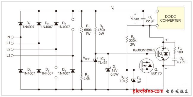 圖1,三相整流器使用了一只開關IGBT和一只電容，將電壓降低到標準離線dc/dc轉換器范圍內。