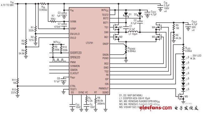 圖 1，效率為98%、功率為50W (25V、2A)的降壓-升壓型LED驅動器具50:1的調光比。