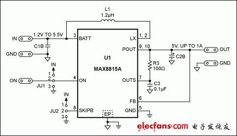 圖2. MAX8815AEVKIT提供所需的5V輸出，無需更改電路