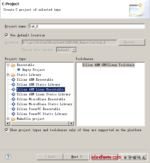 選擇工程類型為“Xilinx ARM Linux Executable”，工具鏈為“Xilinx ARM GNU/Linux Toolchain”