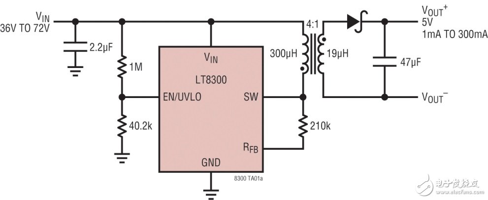 圖1 具主端輸出電壓檢測功能的 LT8300 反激式轉換器