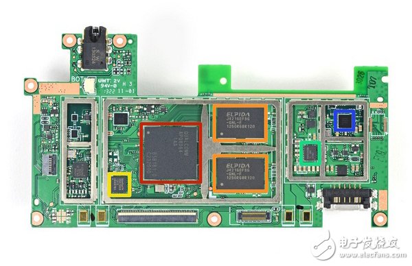 主要元器件大集合，包括高通APQ8064四核（紅色）、爾必達J4216EFBG 512MB內存4顆