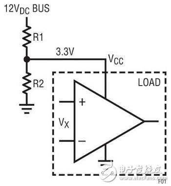 圖1電阻分壓器采用12V總線輸入產生3.3VDC