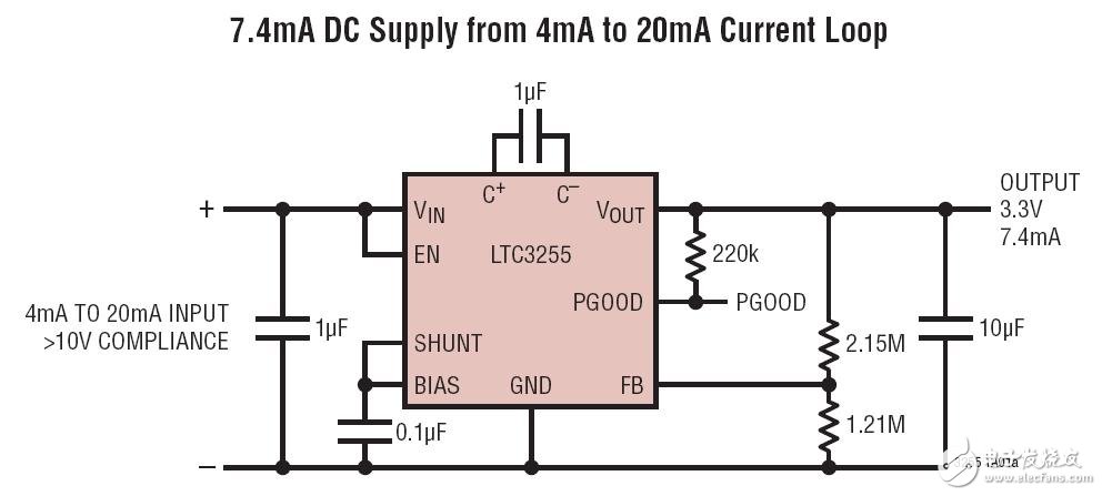 由 4mA至 20mA電流環路提供的 7.4mA DC電源電路圖