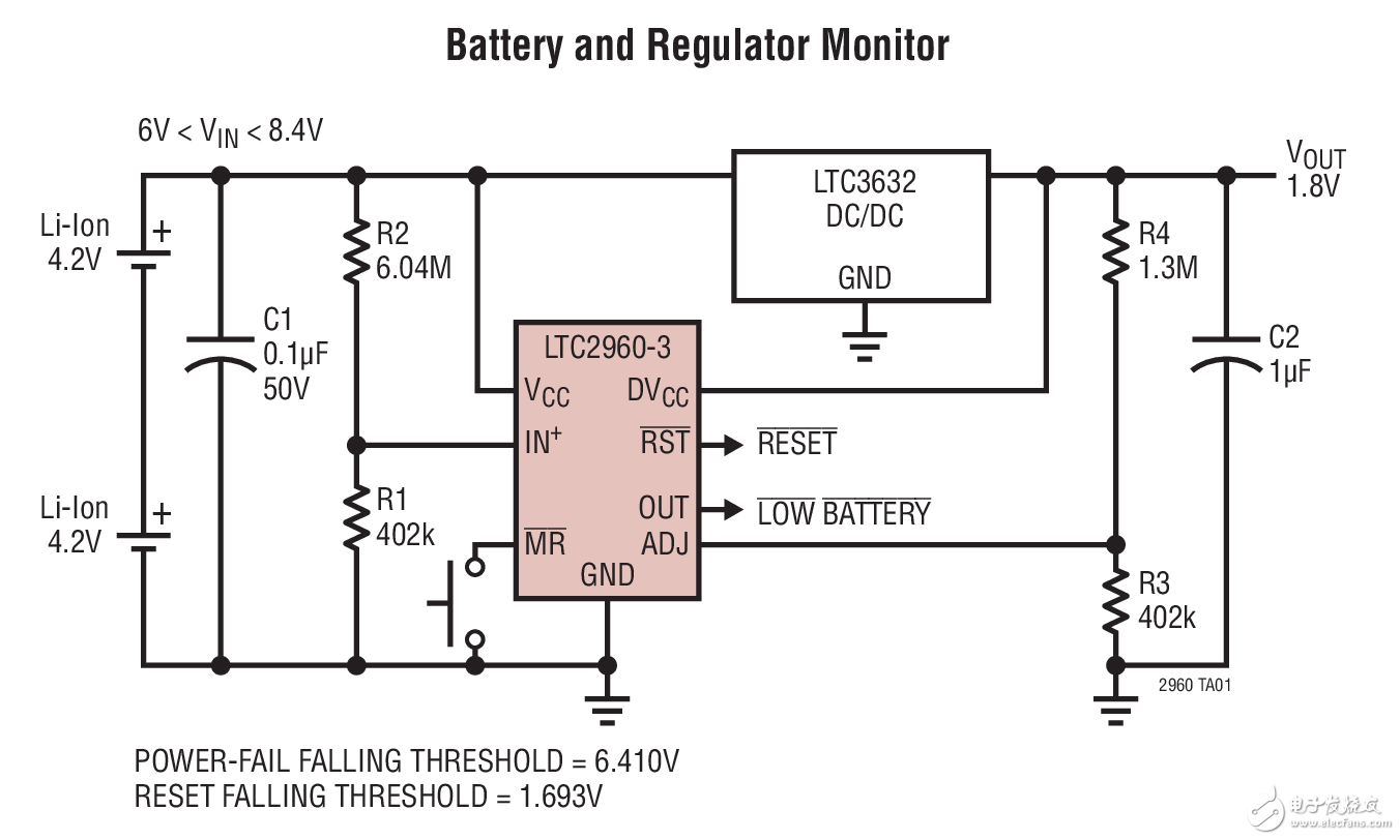 Battery and Regulator Monitor鋰離子電池和穩壓器監視器電路圖