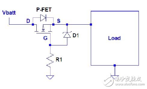 圖1：用P-FET實現(xiàn)電池反極性保護。