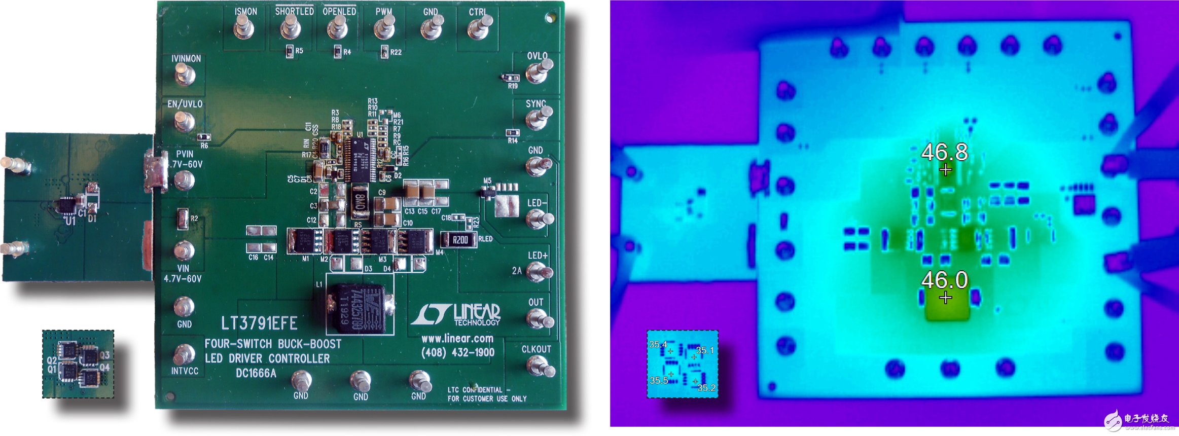 圖 5：在圖 1 所示的高效率 LED 驅動器中組件保持低溫狀態。請注意，LT4320 理想驅動器可在滿 LED 電流條件下處于低溫運行狀態。在提供 60W 的 LED 功率時，LT3791 高功率降壓-升壓型轉換器和支持組件的溫升小于 24°C。位于電路板背面的 4 個理想二極管橋 MOSFET （嵌入） 的溫升小于 13°C （環境溫度為 23°C）。