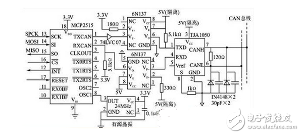 MCP2515多路CAN總線(xiàn)接口電路設(shè)計(jì)圖