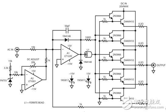 圖 13：驅(qū)動(dòng)器電路板使 AC 和 DC 電壓相加，以在頻率直至 10MHz 時(shí)提供數(shù)安培電流。