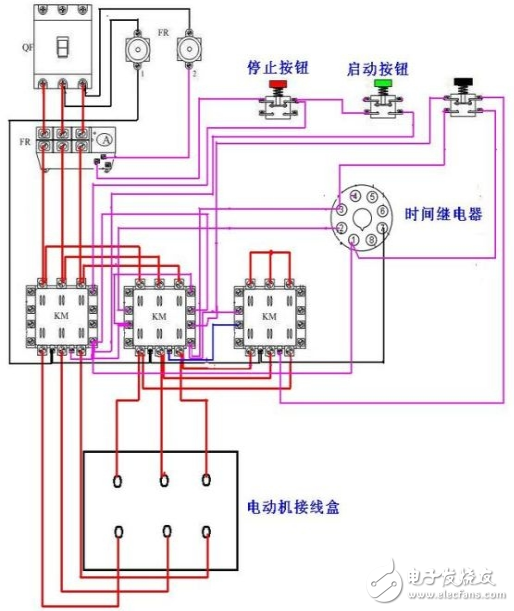圖：星三角降壓啟動實物接線圖