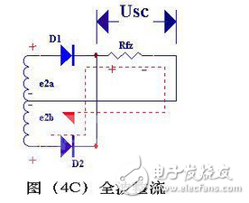 變壓器砍級(jí)電壓E2 ，是一個(gè)方向和大小都隨時(shí)間變化的正弦波電壓，它的波形如圖（2）（a）所示。在0～π時(shí)間內(nèi)，E2 為正半周即變壓器上端為正下端為負(fù)。此時(shí)二極管承受正向電壓面導(dǎo)通，E2 通過它加在負(fù)載電阻Rfz上，在π～2π時(shí)間內(nèi)，E2 為負(fù)半周，變壓器次級(jí)下端為正，上端為負(fù)。這時(shí)D 承受反向電壓，不導(dǎo)通，Rfz，上無電壓。在2π～3π時(shí)間內(nèi)，重復(fù)0～π時(shí)間的過程，而在3π～4π時(shí)間內(nèi)，又重復(fù)π～2π時(shí)間的過程…這樣反復(fù)下去，交流電的負(fù)半周就被“削”掉了，只有正半周通過Rfz，在Rfz上獲得了一個(gè)單一右向（上正下負(fù)）的電壓