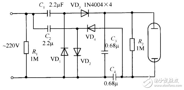 正半周時，D1導通，D2截止，電容器C1充電到Vm，其電流路徑及電容C1的極性如上圖（a）所示。