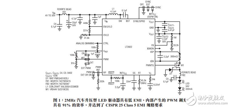 低EMI LED驅動器具有用于汽車照明的2A、40V、集成型同步開關