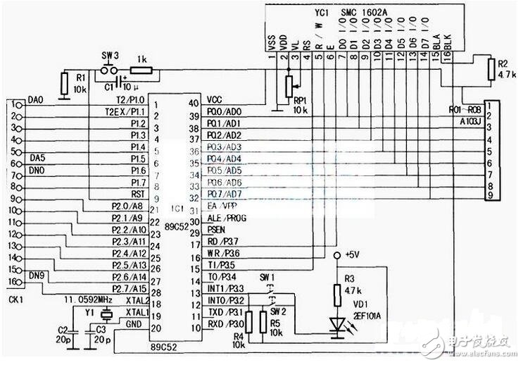 　單片機控制電路如下圖所示，SW3為復位開關，當按下復位開關SW3時，電路復位，單片機處于起始工作狀態（1CH）；按下復位開關SW1或SW2，雙鎖相環鄰頻調制器輸出的電視頻道分別作步進遞增或遞減的變換