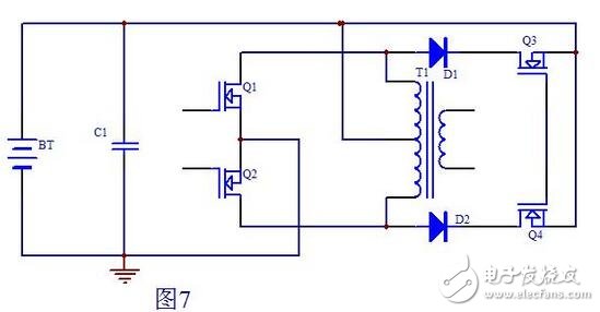 上面我們已經(jīng)分析了Q1，Q2兩管漏極產(chǎn)生尖峰的原因，下面我們就來想辦法消除這個尖峰了。我想到的辦法就是Q1，Q2的漏極到電池的正極加一個開關，當然這個開關也由MOS管來充當，當然其它功率管也行。這個開關只在Q1，Q2都截止時才導通，用電路實現(xiàn)如圖7所示：