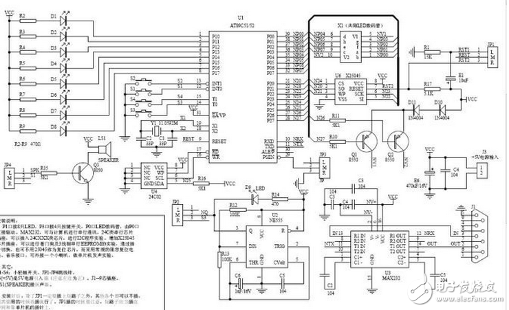 P1口仍接8只LED，P3口仍接4只按鍵開關，P0口和P2口仍接2只LED數碼管，但改為由P0口直接驅動。與原板完全兼容。新增：MAX232，可與計算機進行串行通訊，將來會考慮加入MON51支持。24C類串行芯片插座，可以插入24CXXX類芯片，進行I2C程序實驗。增加X25045芯片插座，可以進行看門狗及3線制串行EEPROM的實驗，通過插針切換，也可不用25045作為復位芯片，而采用常規的阻容復位電路。音樂接口，可外接一個小喇叭，做單片機發聲實驗。版主打算就用這塊板替代原實驗板，并用它為藍本編一些C語言講座。
