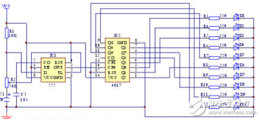 基于555定時器和Johnson計數器的CD4017十路流水燈電路的設計與制作