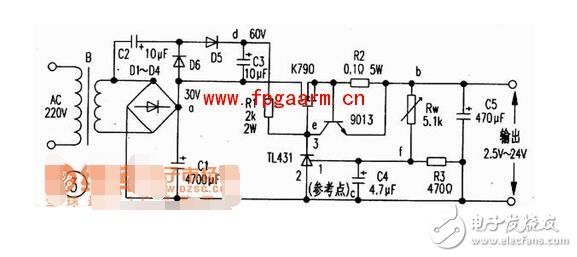 　　工作原理  　　如圖所示，220v電壓經(jīng)變壓器B降壓、D1-D4整流、C1濾波。此外D5、D6、C2、C3組成倍壓電路（使得Vdc＝60V），Rw、R3組成分壓電路，T1431、R1組成取樣放大電路，9013、R2組成限流保護電路，場效應(yīng)管K790作調(diào)整管（可直接并聯(lián)使用）以及C5是輸出濾波器電路等。  　　穩(wěn)壓過程是：當(dāng)輸出電壓降低時，f點電位降低，經(jīng)T1431內(nèi)部放大使e點電壓增高，經(jīng)K790調(diào)整后，b點電位升高；反之，當(dāng)輸出電壓增高時，f點電位升高，e點電位降低，經(jīng)K790調(diào)整后，b點電位降低。  　　從而使輸出電壓穩(wěn)定。當(dāng)輸出電流大于6A時，三極管9013處于截止，使輸出電流被限制在6A以內(nèi)，從而達到限流的目的。本電路除電阻R1選用2W、R2選用5W外，其它元件無特殊要求，其元件參數(shù)如圖3所示。  　　1  　　2  　　基于TL431的延時定時器電路圖  　　1  　　TL431的無反饋，可以看作一個NPN或N - MOS器件高跨導(dǎo)和精確的2.5V接通電壓 。管頭要小心：TL431的引腳上（+電源）是陰極，較低的（供應(yīng)） - 陽極 。。。 它的另一個世界。  　　1  　　重負(fù)荷（超過100毫安），可以通過完全脫鉤的繼電器或optocouples供電，或與PNP（P - MOS）開關(guān)晶體管。為監(jiān)管機構(gòu)制定的特殊的PNP類型 - 這些具有低壓降和不需要很多的基極電流。  　　1  　　要添加遲滯（正反饋） - 添加另一個PNP逆變器。從電源紋波穩(wěn)壓器中分離出來的RS - DS輸入網(wǎng)絡(luò)。  　　1  　　基本定時器配置。設(shè)置起動電流通過RT為100uA（遠(yuǎn)高于基輸入繪制2uA）。開啟延時T1 = 2.5V/U1 *（RT * NO）。斷電延時通常是由負(fù)載電流，但你必須考慮電源capacitanca和泄漏（C2，R2）的影響。  　　工作例如：連續(xù)兩次在電子管放大器的延遲（45秒，60秒）。齊納穩(wěn)壓電源供應(yīng)器（它可以摩托艇沒有它 - 繼電器的電流是相當(dāng)高的，100mA的）分離定時電容。  　　如果連續(xù)兩次延遲有一個相對較小的時間傳播 - 使用單一的定時電容：  　　1
