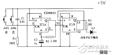 CD4013集成電路信號傳送特性及應用電路（多地控制燈開關）