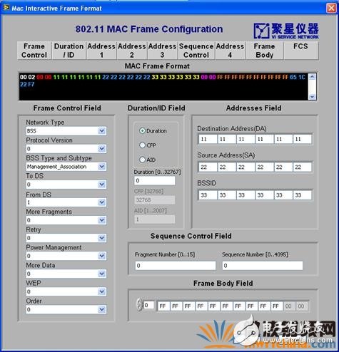 聚星儀器無線測試工具包WiFi數據組幀界面