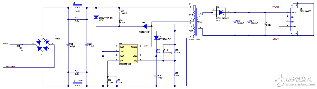 85VAC-265VAC 輸入、5V7.5W 低成本、小尺寸反激電路原理圖的分享