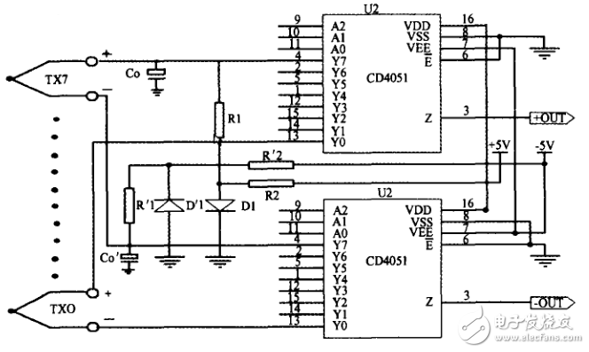 多點熱電偶精密測試電路_基于CD4051的多點熱電偶轉換電路_基于ADOP07的熱電偶的放大電路