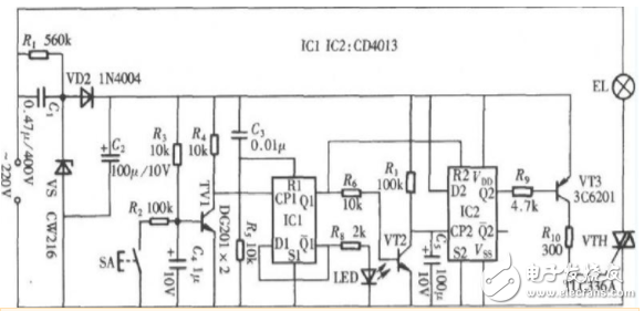 cd4013應用電路圖大全（觸摸開關電/定時器/繼電器/電源頻率檢測器）