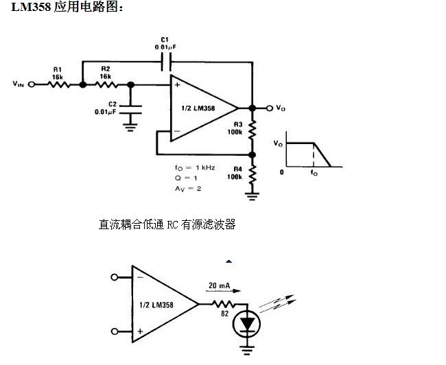 6種簡(jiǎn)單電路圖之LM358應(yīng)用電路圖（直流耦合低通RC有源濾波器 低漂移峰值檢測(cè)器）