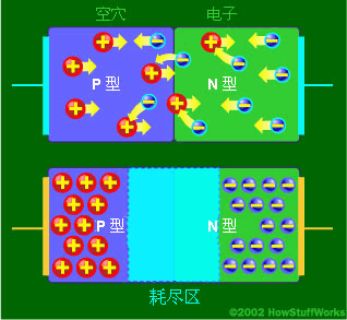 在PN結(junction)內,N型材料中的自由電子填充了P型材料中的空穴。這樣,在二極管的中間就產生了一個絕緣層,稱為耗盡區。